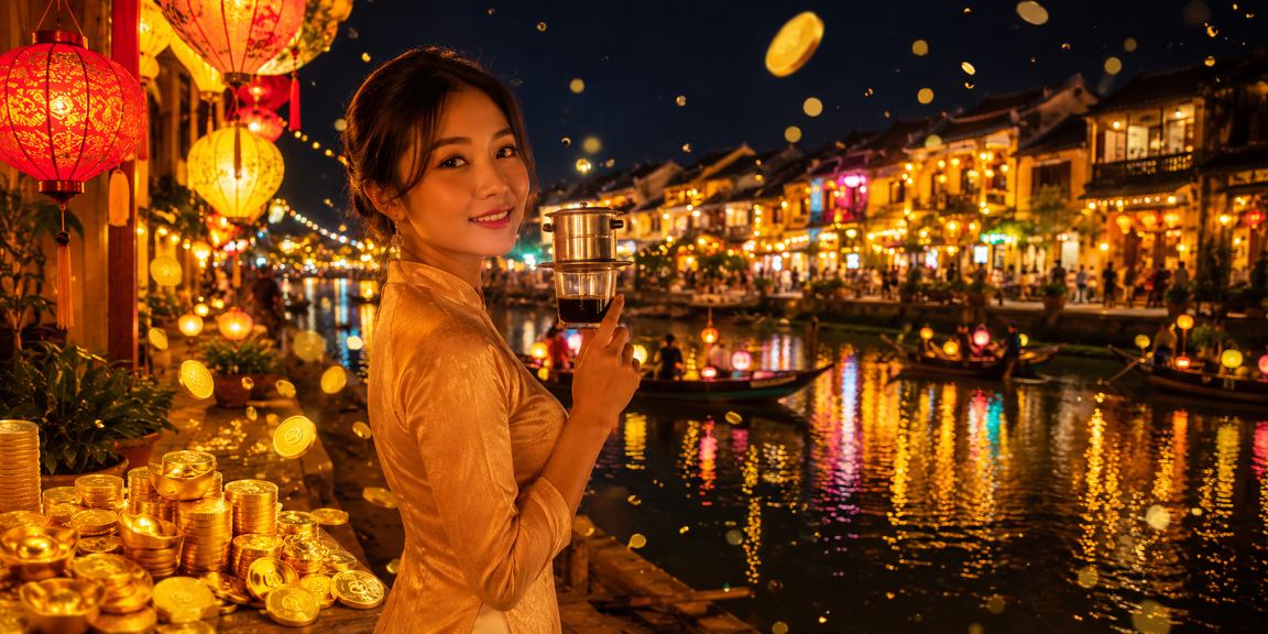 Cảnh phố đèn lồng Hội An về đêm, người dùng xem kết quả xổ số trên điện thoại