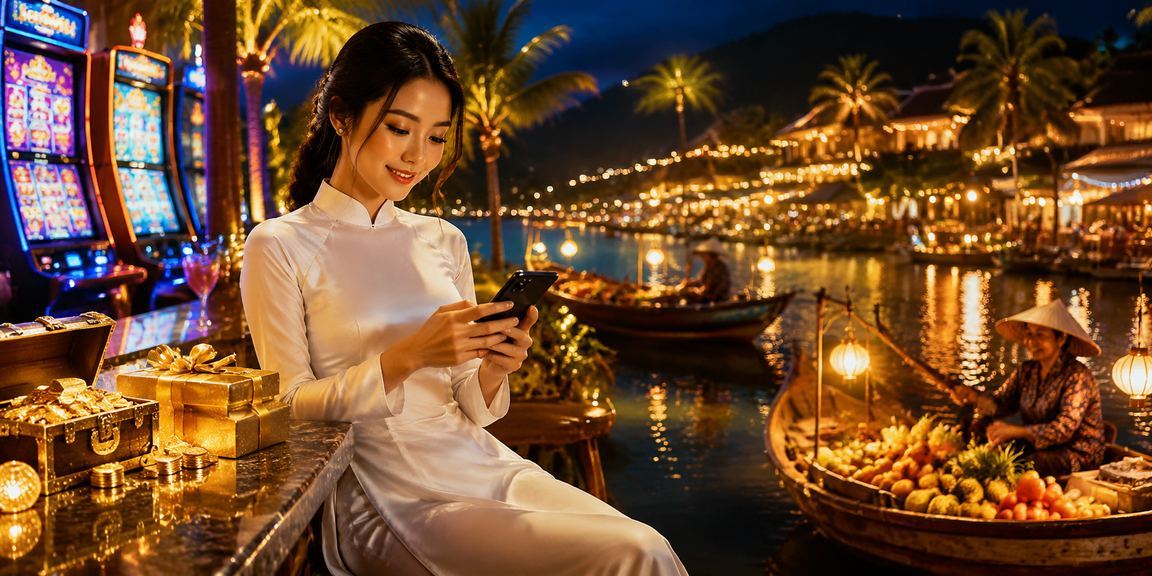 Người dùng tại Phú Quốc mặc áo dài xem kết quả xổ số trực tuyến trên điện thoại